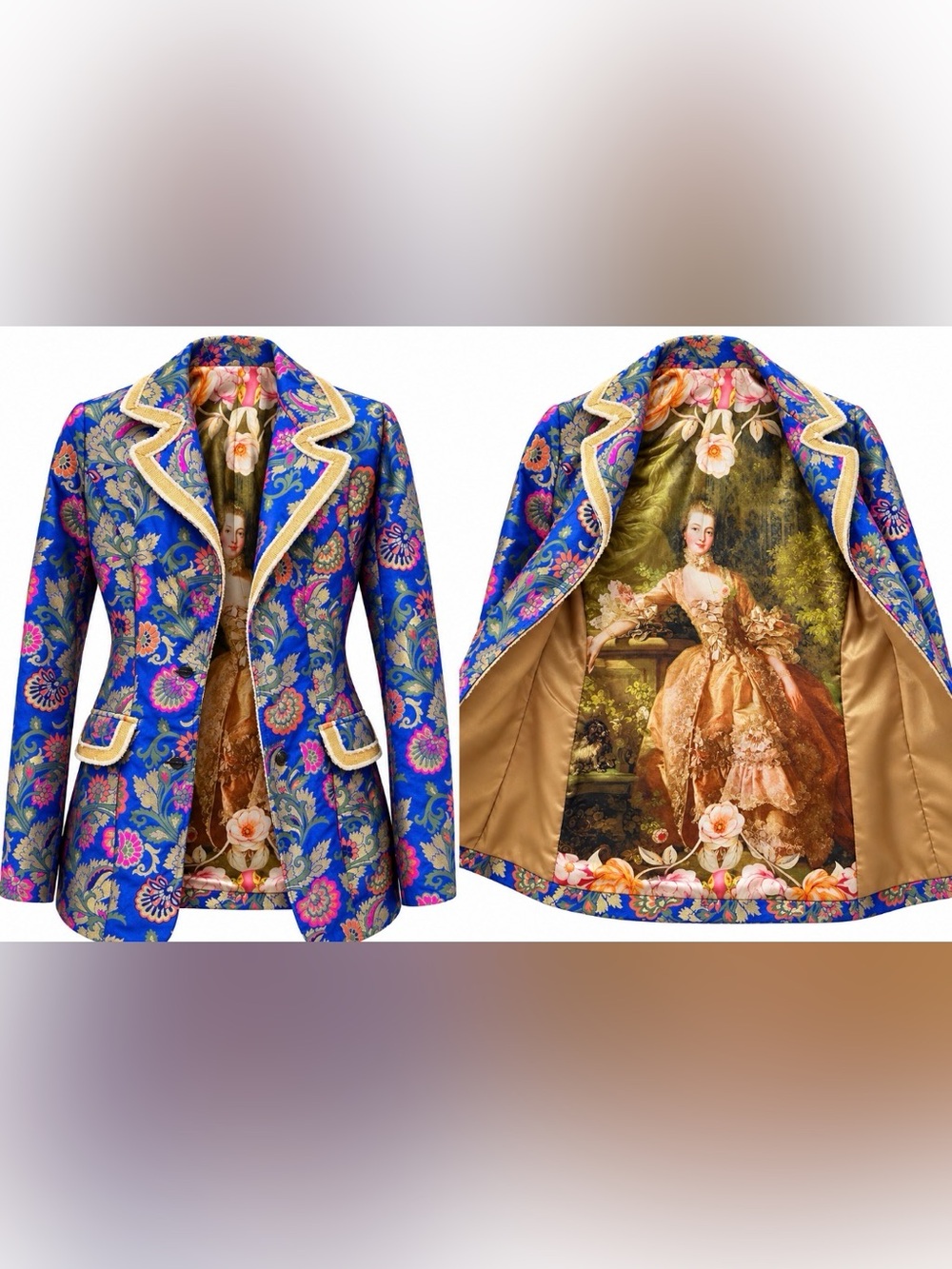 Aratta Blue Floral Brocade Blazer with Gold Trim